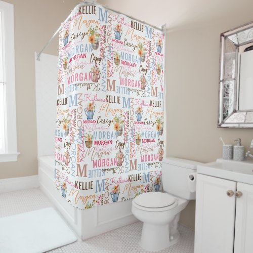 Painted Flowers with Name and Monogram Collage Shower Curtain