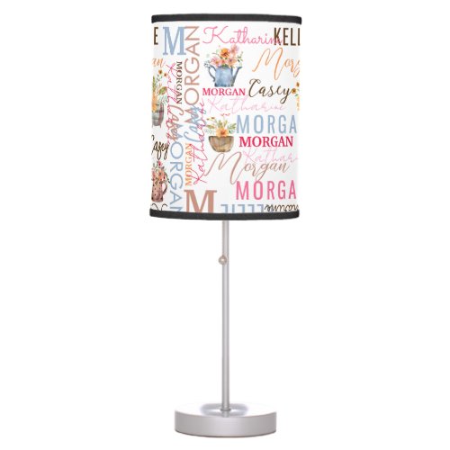 Painted Flowers with Name and Monogram Collage Table Lamp