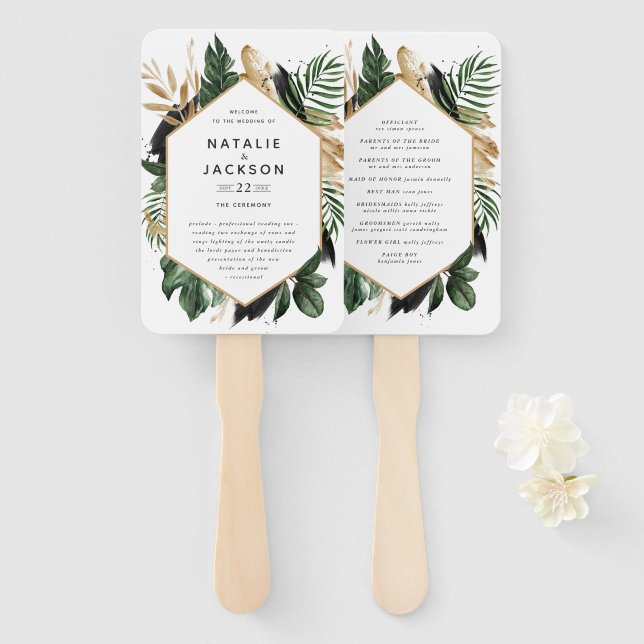 Painted foliage tropical wedding hand fan (Front and Back)