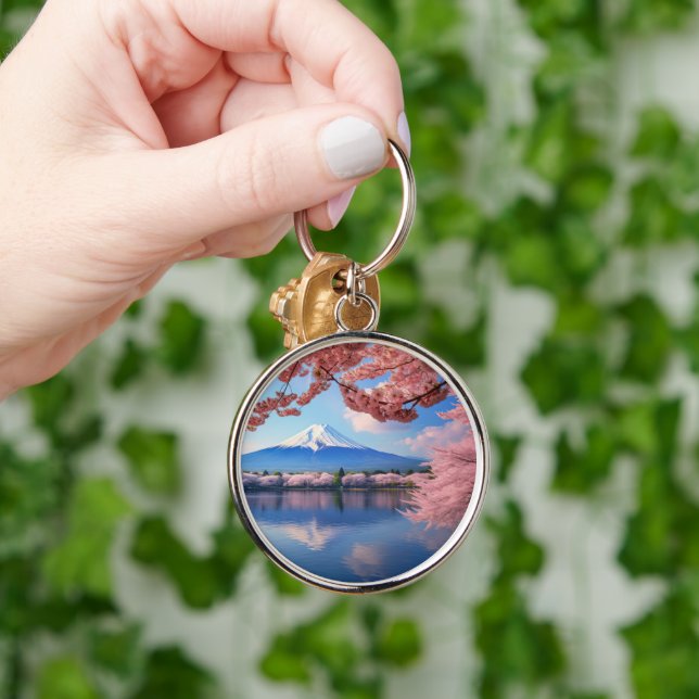 Painted Fuji mountain in cherry blossom season  Keychain (Hand)
