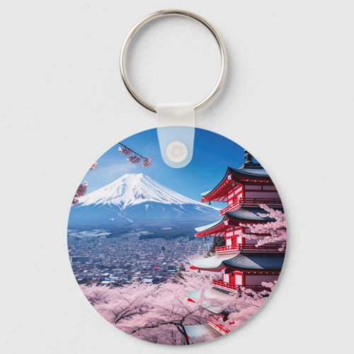 Painted Fuji mountain in cherry blossom season  Keychain