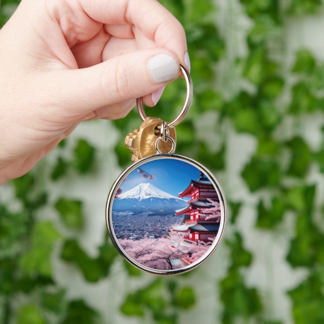 Painted Fuji mountain in cherry blossom season Keychain (Hand)