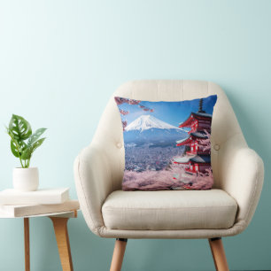 Painted Fuji mountain in cherry blossom season Throw Pillow