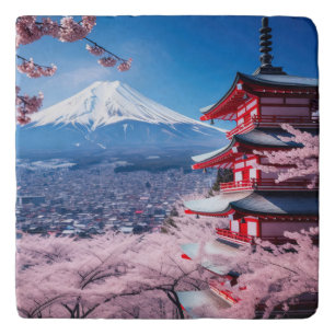 Painted Fuji mountain in cherry blossom season Trivet