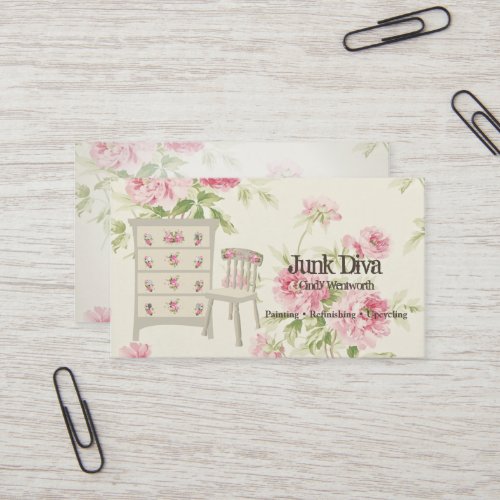 Painted Furniture Flower Dresser Chair Pink Roses Business Card