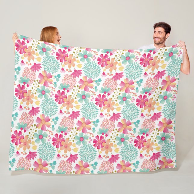 Painted Garden Flowers Pink Turquoise Pastels Fleece Blanket (In Situ)