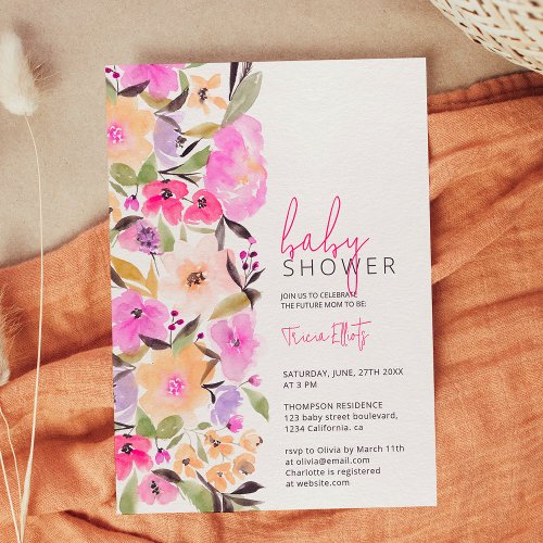 Painted garden flowers watercolor baby shower invitation