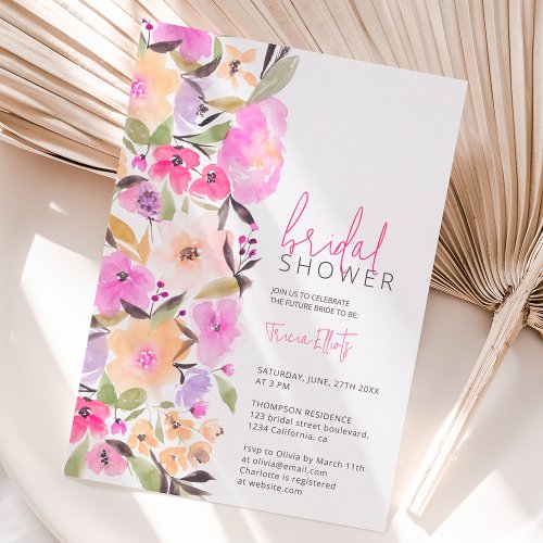 Painted garden flowers watercolor bridal shower invitation