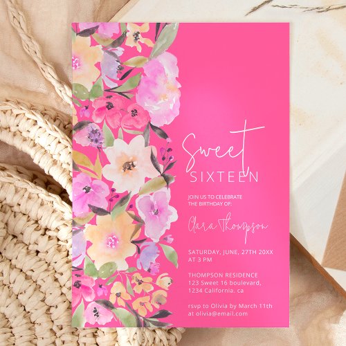 Painted garden flowers watercolor Sweet 16 Invitation