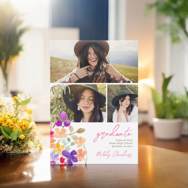 Painted garden wildflowers 3 photos graduation announcement (Painted garden wildflowers 3 photos graduation announcement)