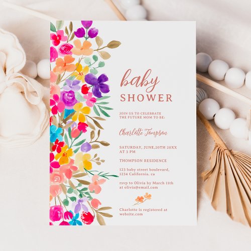 Painted garden wildflowers meadow baby shower invitation