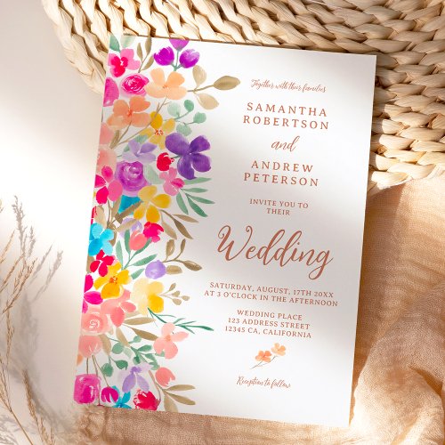Painted garden wildflowers photo script wedding invitation