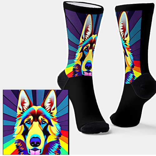 Painted German Shepherd Burst Background Black Socks