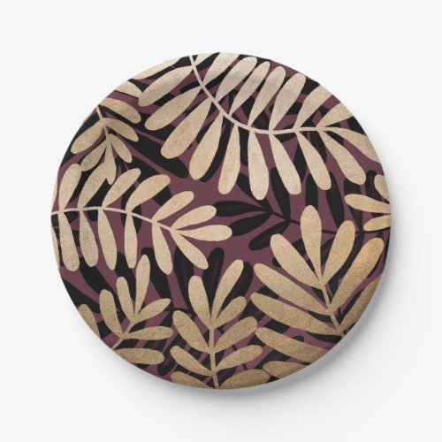 Painted Gold Black Watercolor Leaves Pattern Paper Plates