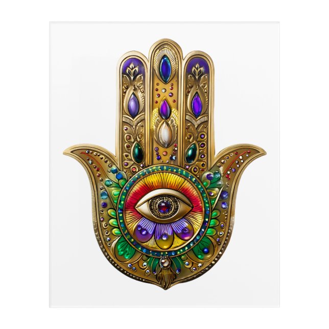 Painted Gold Hamsa Amethyst Ruby Third Eye Acrylic Print (Front)