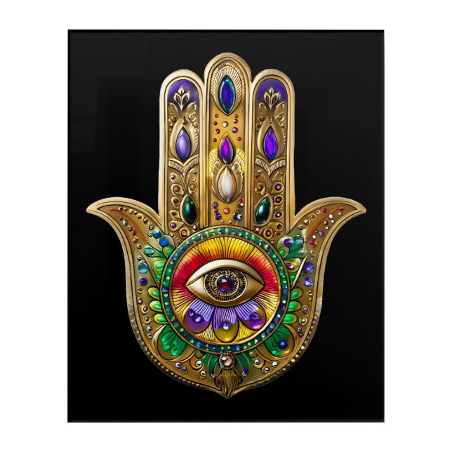 Painted Gold Hamsa Amethyst Ruby Third Eye Acrylic Print (Front)