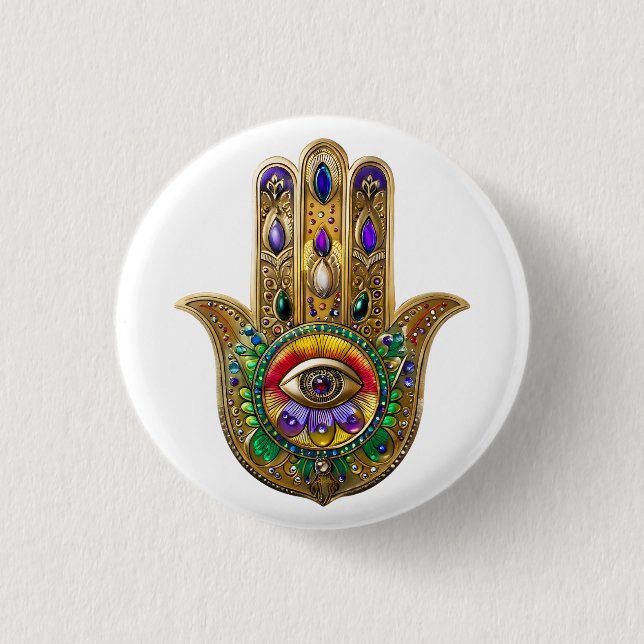 Painted Gold Hamsa Amethyst Ruby Third Eye Button (Front)