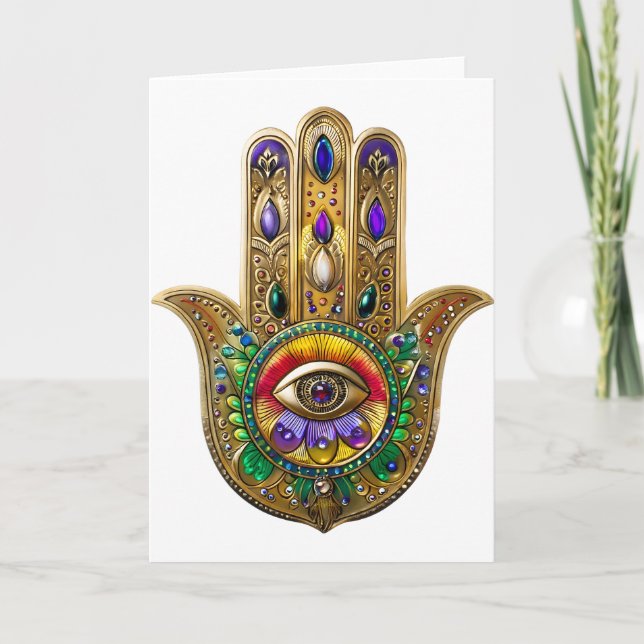 Painted Gold Hamsa Amethyst Ruby Third Eye Card (Front)