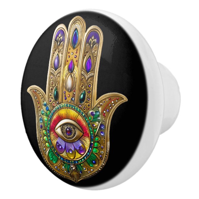 Painted Gold Hamsa Amethyst Ruby Third Eye Ceramic Knob (Right)