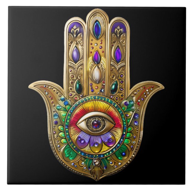 Painted Gold Hamsa Amethyst Ruby Third Eye Ceramic Tile (Front)