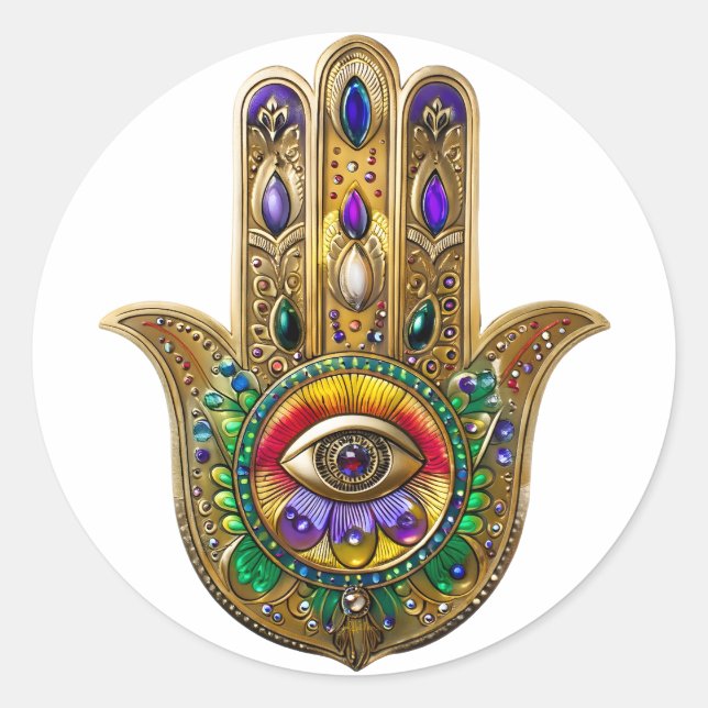 Painted Gold Hamsa Amethyst Ruby Third Eye Classic Round Sticker (Front)