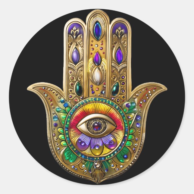 Painted Gold Hamsa Amethyst Ruby Third Eye Classic Round Sticker (Front)