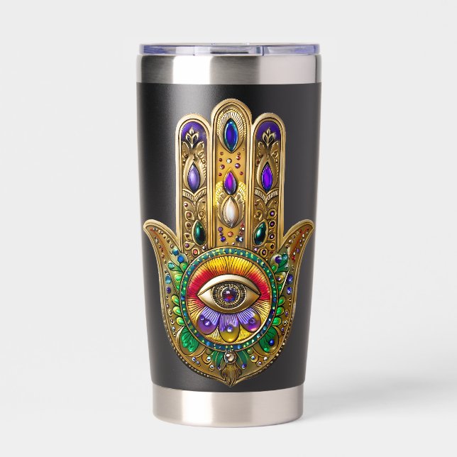 Painted Gold Hamsa Amethyst Ruby Third Eye Insulated Tumbler (Front)