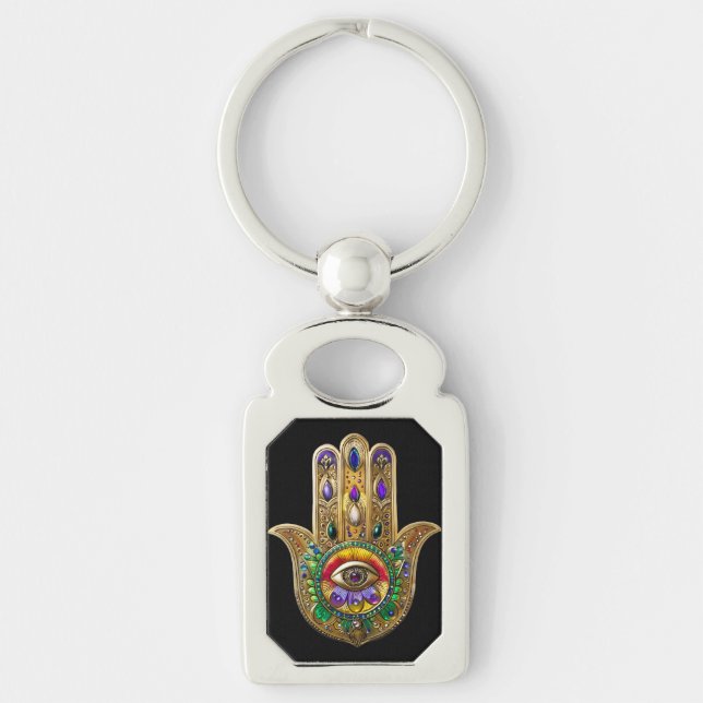 Painted Gold Hamsa Amethyst Ruby Third Eye Keychain (Front)