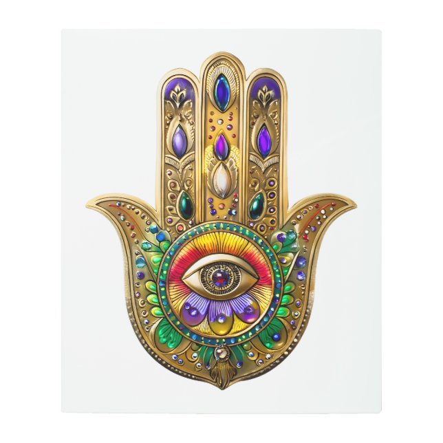 Painted Gold Hamsa Amethyst Ruby Third Eye Metal Print (Front)