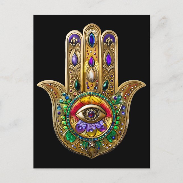 Painted Gold Hamsa Amethyst Ruby Third Eye Postcard (Front)