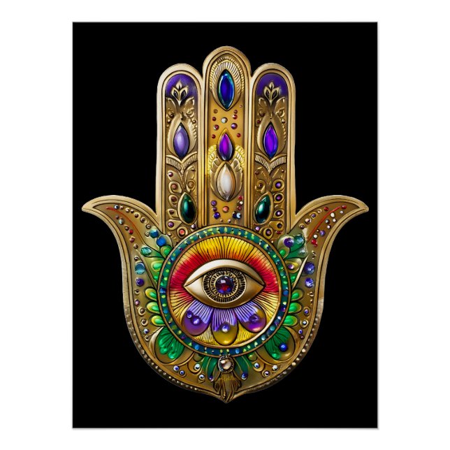 Painted Gold Hamsa Amethyst Ruby Third Eye Poster (Front)