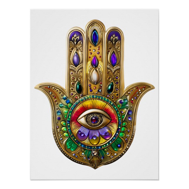 Painted Gold Hamsa Amethyst Ruby Third Eye Poster (Front)