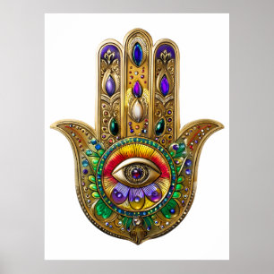 Painted Gold Hamsa Amethyst Ruby Third Eye Poster