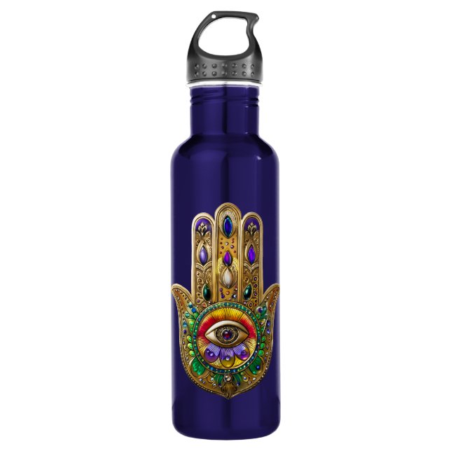 Painted Gold Hamsa Amethyst Ruby Third Eye Stainless Steel Water Bottle (Front)