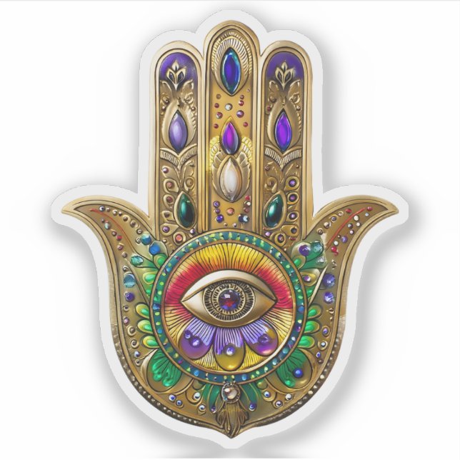 Painted Gold Hamsa Amethyst Ruby Third Eye Sticker (Front)