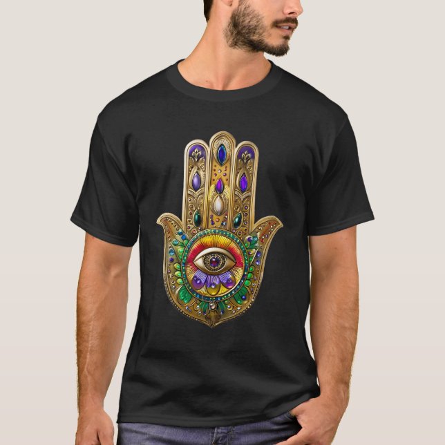 Painted Gold Hamsa Amethyst Ruby Third Eye T-Shirt (Front)