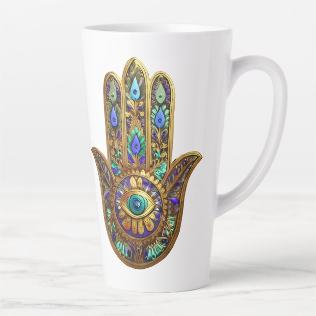 Painted Gold Hamsa Turquoise Sapphire Third Eye  Latte Mug (Right)