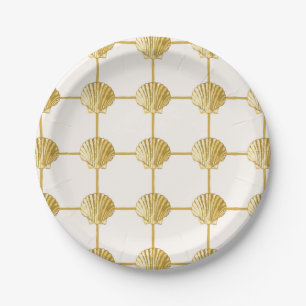 Painted Golden Yellow Coastal Seashell Checkers Paper Plates