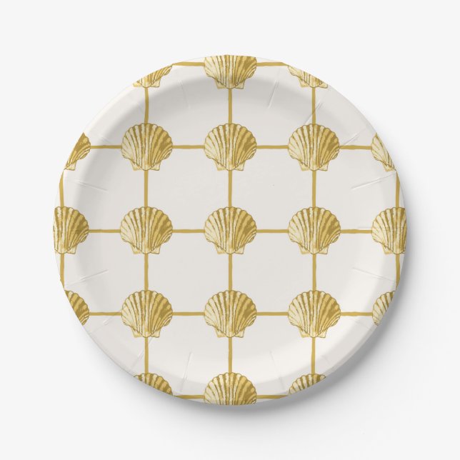 Painted Golden Yellow Coastal Seashell Checkers Paper Plates (Front)