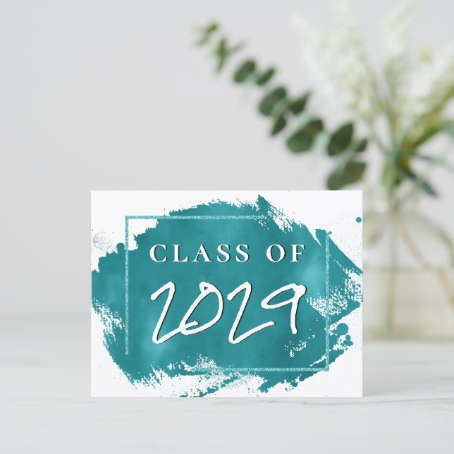 Painted Grad | Teal Splatter Brushstroke Party Invitation Postcard (Standing Front)