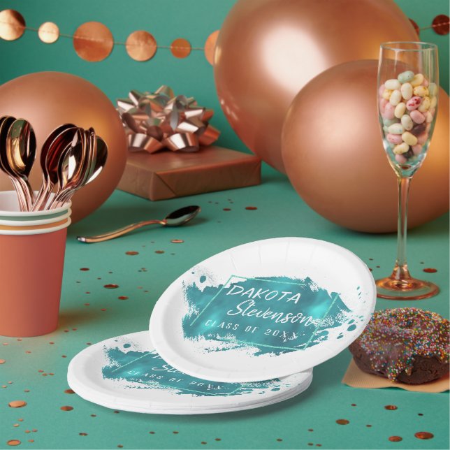 Painted Grad | Teal Splatter Brushstroke Party Paper Plates (Multi)