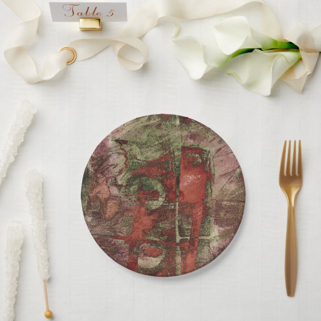 Painted Graffiti Grunge Autumn Red Green Rust Paper Plates (Wedding)