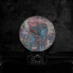 Painted Graffiti Grunge Rust Red Blue Taupe Round Clock