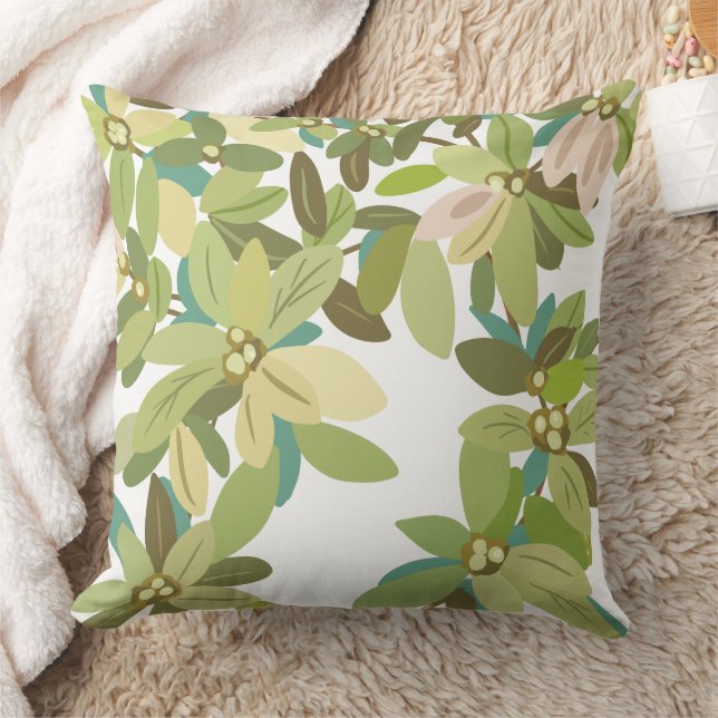 Painted Green Leaves Botanical Greenery Art Throw Pillow (Blanket)