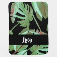Painted green leaves on black baby blanket