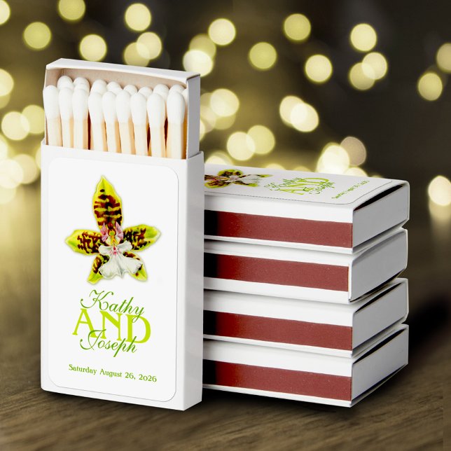 Painted green orchid flower wedding named matchboxes (Creator Uploaded)