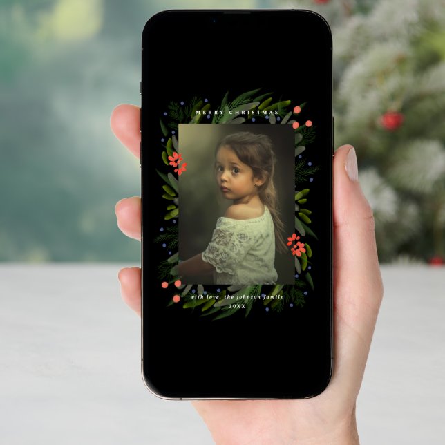 Painted Greenery Frame Photo Holiday Card (Front Digital)