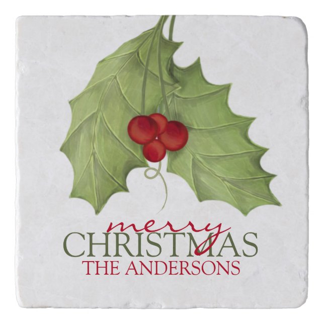 Painted Greenery Holly Berries Merry Christmas Trivet (Front)