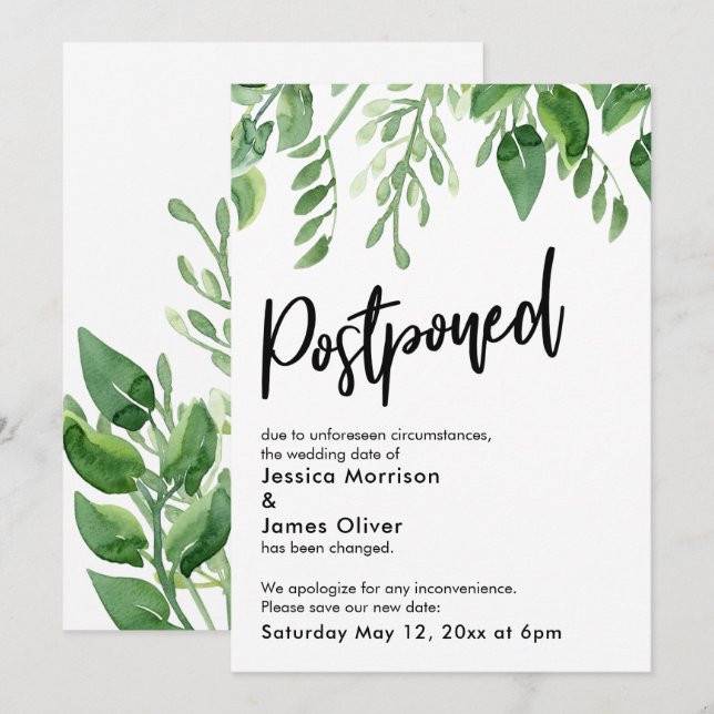 Painted Greenery Postponed Wedding Announcement (Front/Back)