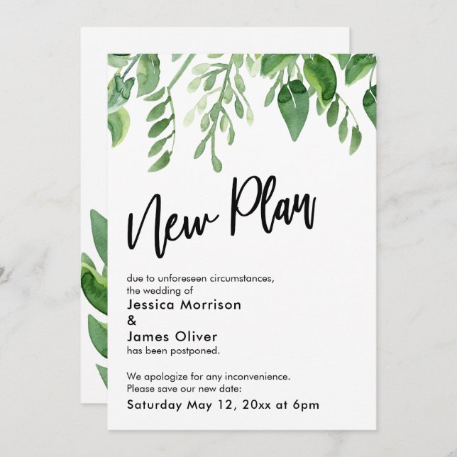 Painted Greenery Postponed Wedding New Plan Card (Front/Back)